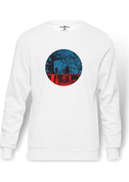 Stranger Things The Upside Down Biker Baskılı Beyaz Erkek Örme Sweatshirt Uzun Kol