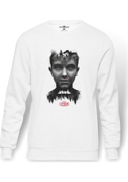Stranger Things The Upside Down Baskılı Beyaz Erkek Örme Sweatshirt Uzun Kol