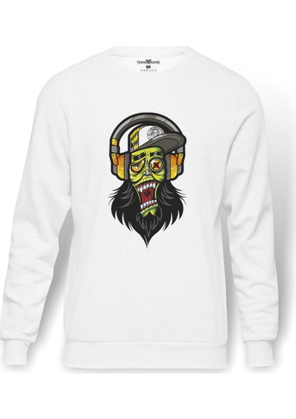 Dj Zombie Skull Baskılı Beyaz Erkek Örme Sweatshirt Uzun Kol