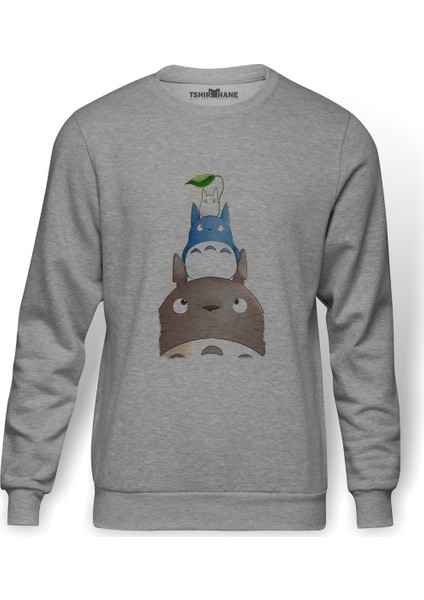 Komşum My Neighbor Totoro Baskılı Gri Erkek Örme Sweatshirt Uzun Kol