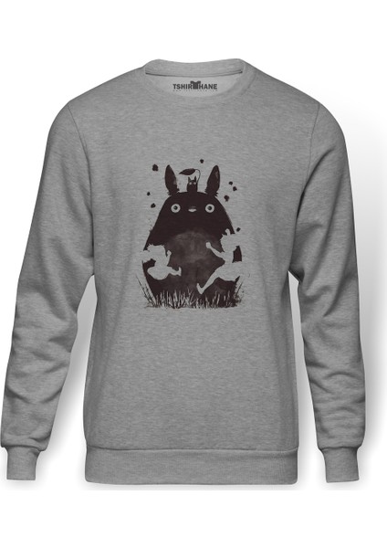 My Neighbor Komşum Totoro Baskılı Gri Erkek Örme Sweatshirt Uzun Kol