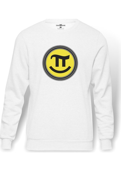 Pi Smile Baskılı Beyaz Erkek Örme Sweatshirt Uzun Kol