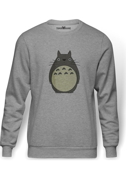 My Neighbor Komşum Totoro Baskılı Gri Erkek Örme Sweatshirt Uzun Kol