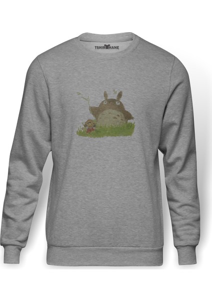 My Neighbor Komşum Totoro Baskılı Gri Erkek Örme Sweatshirt Uzun Kol