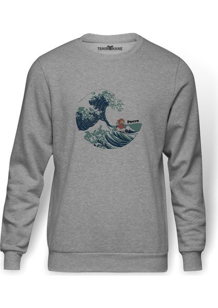 Küçük Deniz Kızı Ponyo Gake No Ue No Ponyo Baskılı Gri Erkek Örme Sweatshirt Uzun Kol