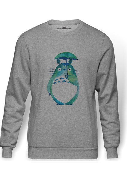 My Neighbor Komşum Totoro Baskılı Gri Erkek Örme Sweatshirt Uzun Kol