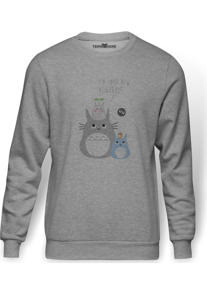 My Neighbor Komşum Totoro Baskılı Gri Erkek Örme Sweatshirt Uzun Kol