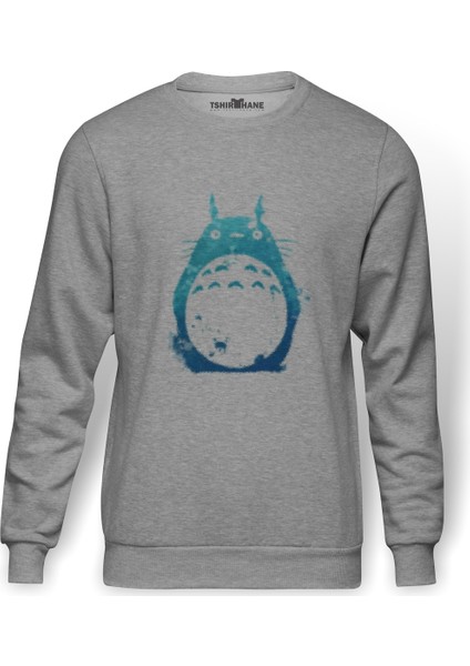 My Neighbor Komşum Totoro Baskılı Gri Erkek Örme Sweatshirt Uzun Kol