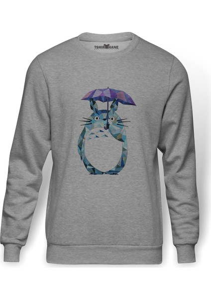 My Neighbor Komşum Totoro Baskılı Gri Erkek Örme Sweatshirt Uzun Kol