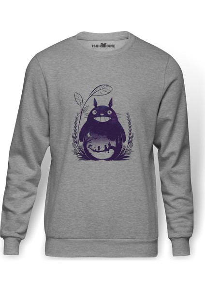 My Neighbor Komşum Totoro Baskılı Gri Erkek Örme Sweatshirt Uzun Kol
