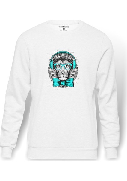 Kral Kulaklık Gözlük Papyonlu Aslan Baskılı Beyaz Erkek Örme Sweatshirt Uzun Kol
