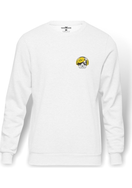 Kulaklık Ve Hip Hop Şapkalı Panda Baskılı Beyaz Erkek Örme Sweatshirt Uzun Kol
