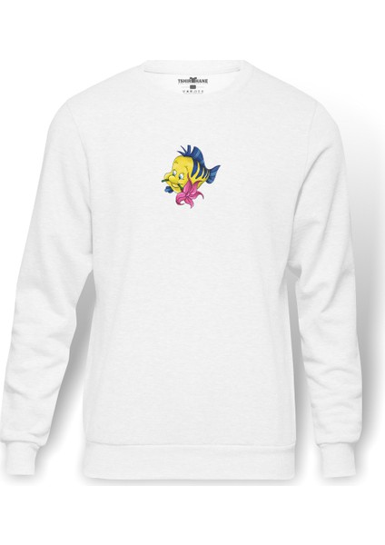 Küçük Denizkızı Pisi Balığı Küçük Deniz Baskılı Beyaz Erkek Örme Sweatshirt Uzun Kol