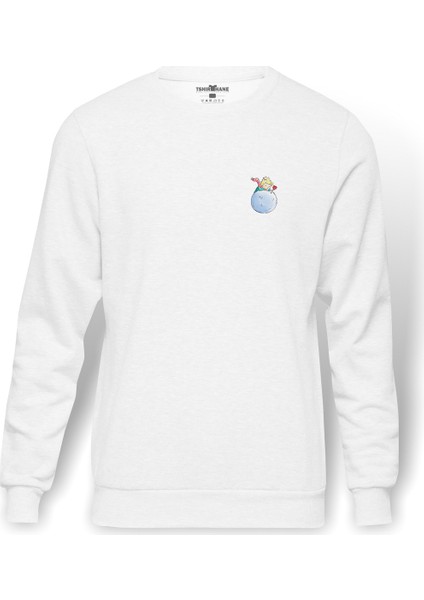 Küçük Prens Little Rose Gül Prince Baskılı Beyaz Erkek Örme Sweatshirt Uzun Kol