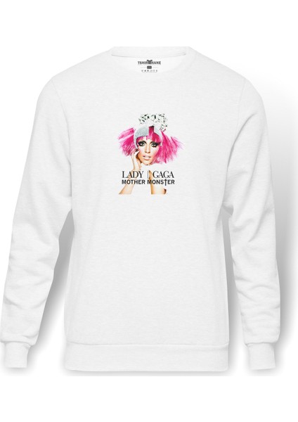 Lady Gaga Mother Monster Baskılı Beyaz Erkek Örme Sweatshirt Uzun Kol