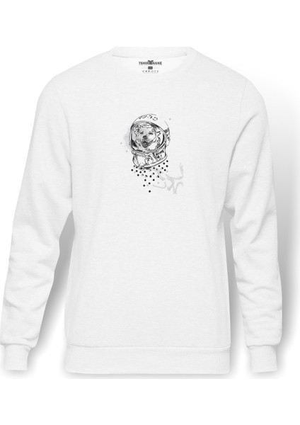 Laika First Dog In Space T Baskılı Beyaz Erkek Örme Sweatshirt Uzun Kol