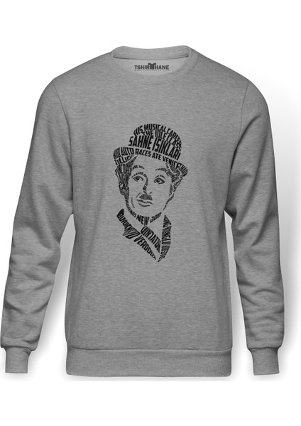 Charlie Chaplin Tipografi Baskılı Gri Erkek Örme Sweatshirt Uzun Kol