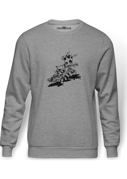 Come Back I Am Groot Baskılı Gri Erkek Örme Sweatshirt Uzun Kol