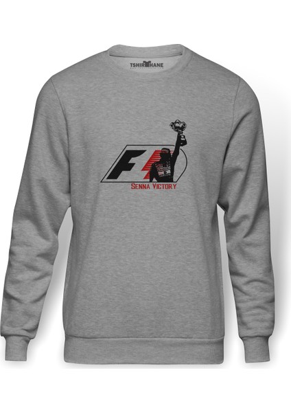 Senna Victory Baskılı Gri Erkek Örme Sweatshirt Uzun Kol