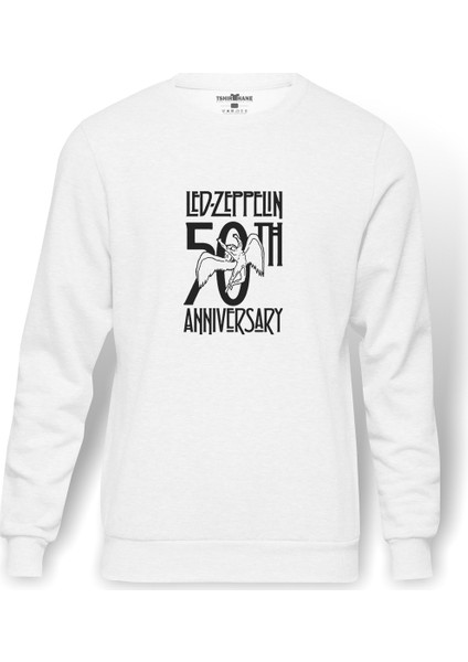 Led Zeppelin Anniversary Launches Historical Baskılı Beyaz Erkek Örme Sweatshirt Uzun Kol