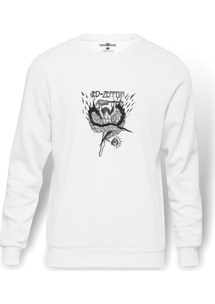 Led Zeppelin Icarus Baskılı Beyaz Erkek Örme Sweatshirt Uzun Kol