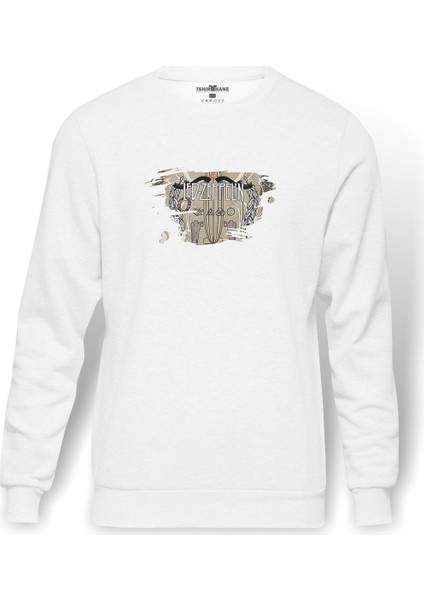 Led Zeppelin Baskılı Beyaz Erkek Örme Sweatshirt Uzun Kol