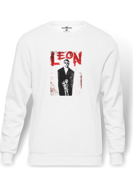 Leon Mathilda Retro Movie Baskılı Beyaz Erkek Örme Sweatshirt Uzun Kol