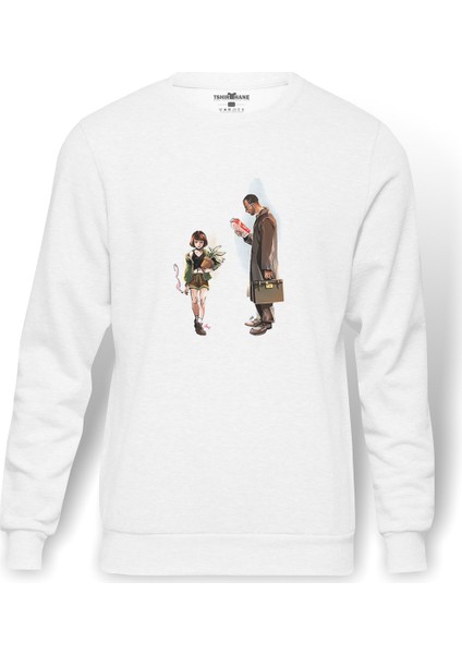 Leon Mathilda Baskılı Beyaz Erkek Örme Sweatshirt Uzun Kol