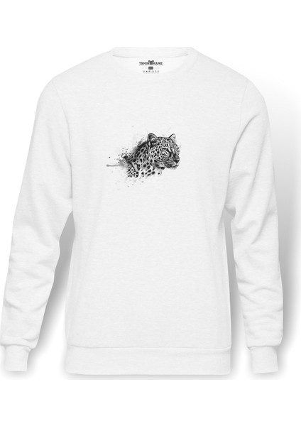 Leopar Baskılı Beyaz Erkek Örme Sweatshirt Uzun Kol