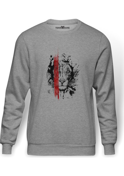 Lion King Baskılı Gri Erkek Örme Sweatshirt Uzun Kol