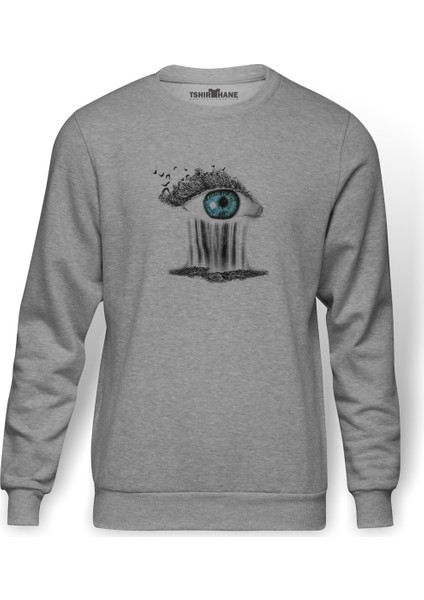 Mother Earth Save Mother Eyes Baskılı Gri Erkek Örme Sweatshirt Uzun Kol