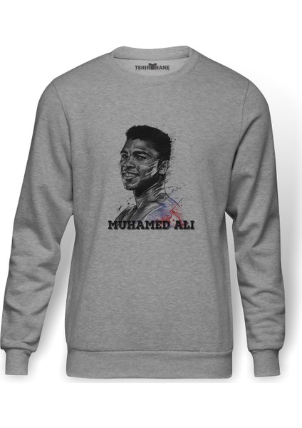 Muhammed Ali Brush Baskılı Gri Erkek Örme Sweatshirt Uzun Kol