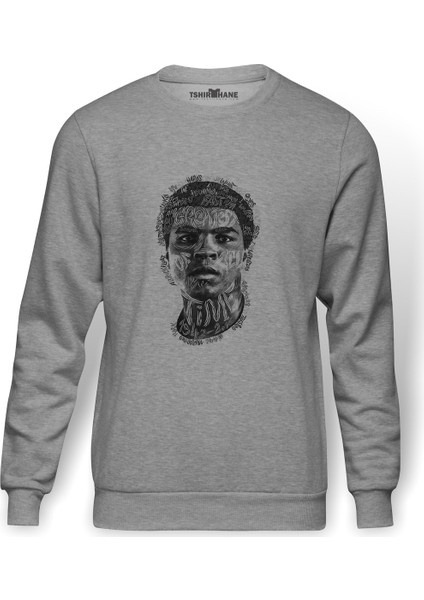 Muhammed Ali Illustrator Baskılı Gri Erkek Örme Sweatshirt Uzun Kol