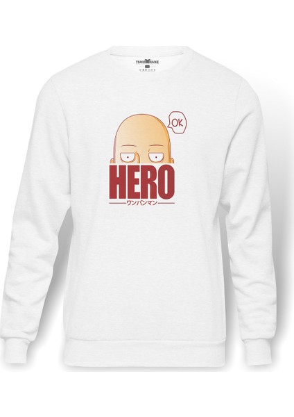 One Punch Man Hero Baskılı Beyaz Erkek Örme Sweatshirt Uzun Kol