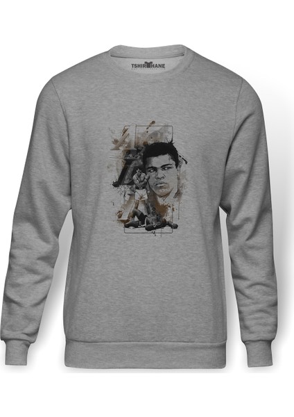 Muhammed Ali Knockout Baskılı Gri Erkek Örme Sweatshirt Uzun Kol