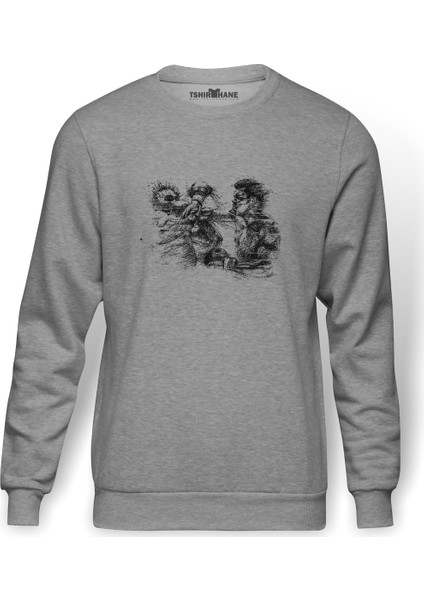Muhammed Ali Punch Baskılı Gri Erkek Örme Sweatshirt Uzun Kol