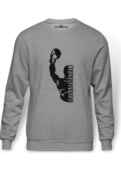 Muhammed Ali Yumruk Baskılı Gri Erkek Örme Sweatshirt Uzun Kol