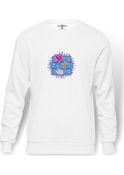Love Faıth Hope Baskılı Beyaz Erkek Örme Sweatshirt Uzun Kol