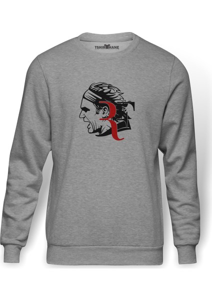 Roger Federer Baskılı Gri Erkek Örme Sweatshirt Uzun Kol