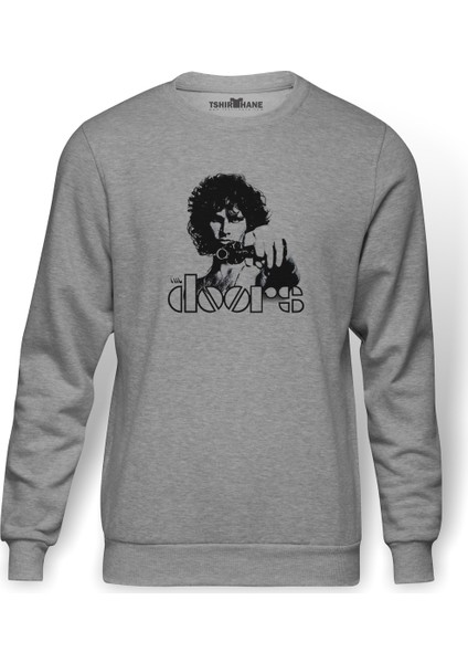 The Doors Solist Baskılı Gri Erkek Örme Sweatshirt Uzun Kol