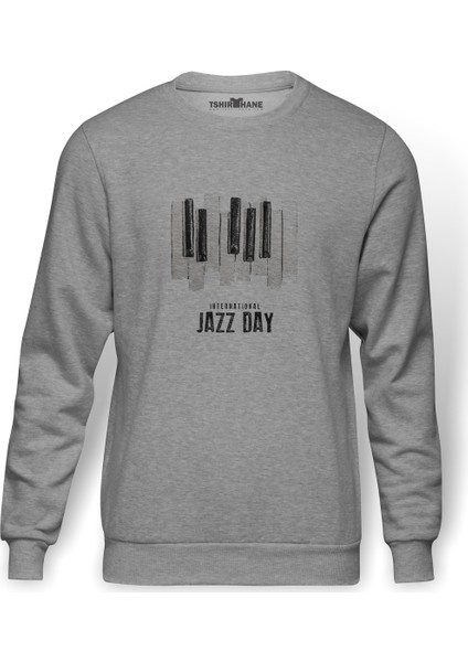 International Jazz Day Piano Button Baskılı Gri Erkek Örme Sweatshirt Uzun Kol