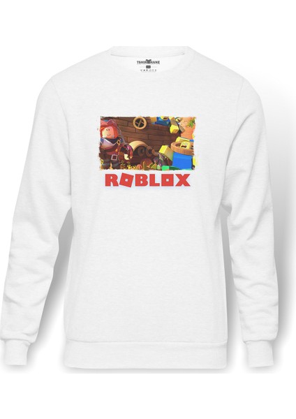 Roblox Baskılı Beyaz Erkek Örme Sweatshirt Uzun Kol