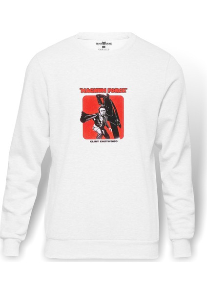 Magnum Force Clint Eastwood Baskılı Beyaz Erkek Örme Sweatshirt Uzun Kol