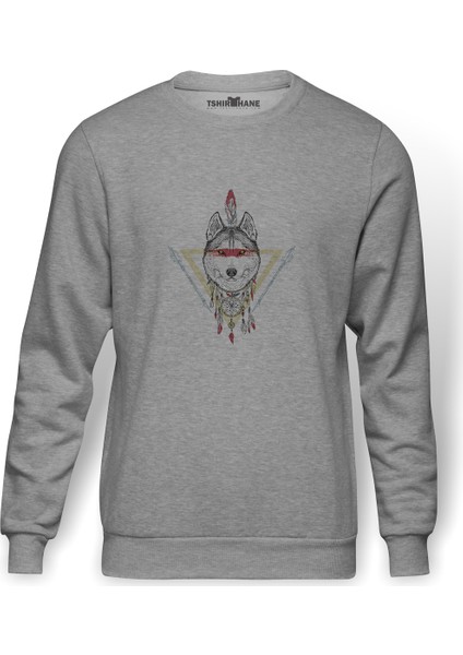 Dreamcatcher Wolf Baskılı Gri Erkek Örme Sweatshirt Uzun Kol
