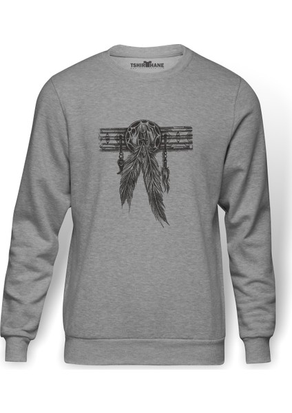 Dreamcatcher Wolf Tuy Baskılı Gri Erkek Örme Sweatshirt Uzun Kol