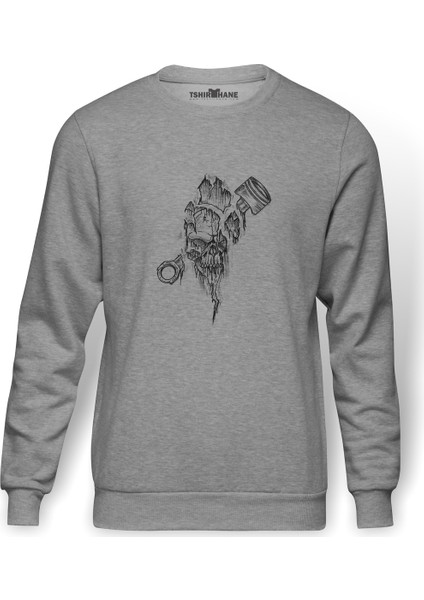 Iskelet Piston Baskılı Gri Erkek Örme Sweatshirt Uzun Kol