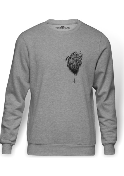 Kalbim Motorla Carpiyor Baskılı Gri Erkek Örme Sweatshirt Uzun Kol