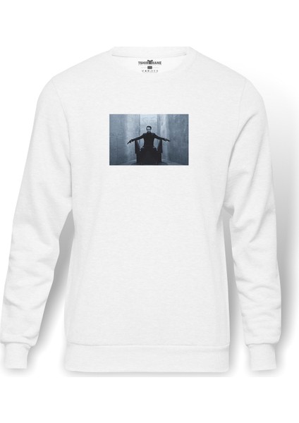 Marilyn Manson Baskılı Beyaz Erkek Örme Sweatshirt Uzun Kol