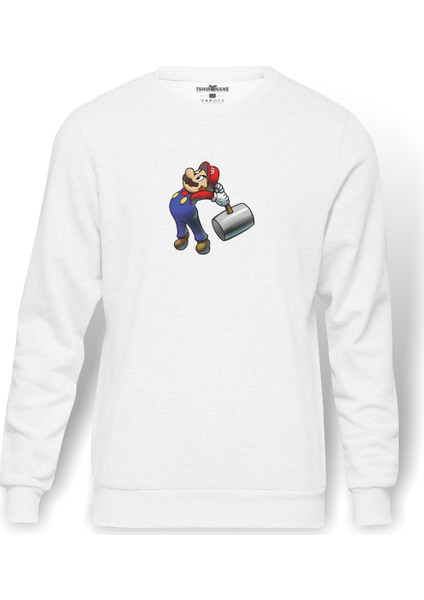 Mario Luigi Bowsers Inside Story Bowser Baskılı Beyaz Erkek Örme Sweatshirt Uzun Kol