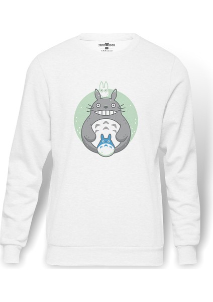 Komşum My Neighbor Totoro Baskılı Beyaz Erkek Örme Sweatshirt Uzun Kol